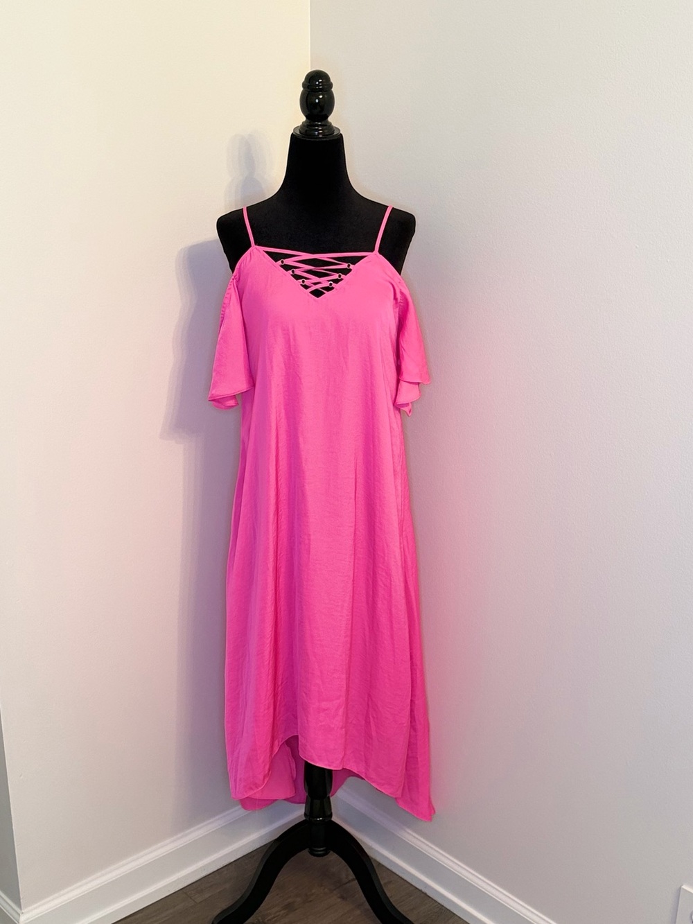 Jennifer Lopez Hot Pink Cold-Shoulder High-Low Dress with Lattice Front
